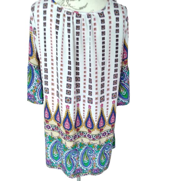 Umgee USA VNeck bell Sleeve Print Baby Doll Boho Peasant Dress style Tops M READ - Picture 14 of 16